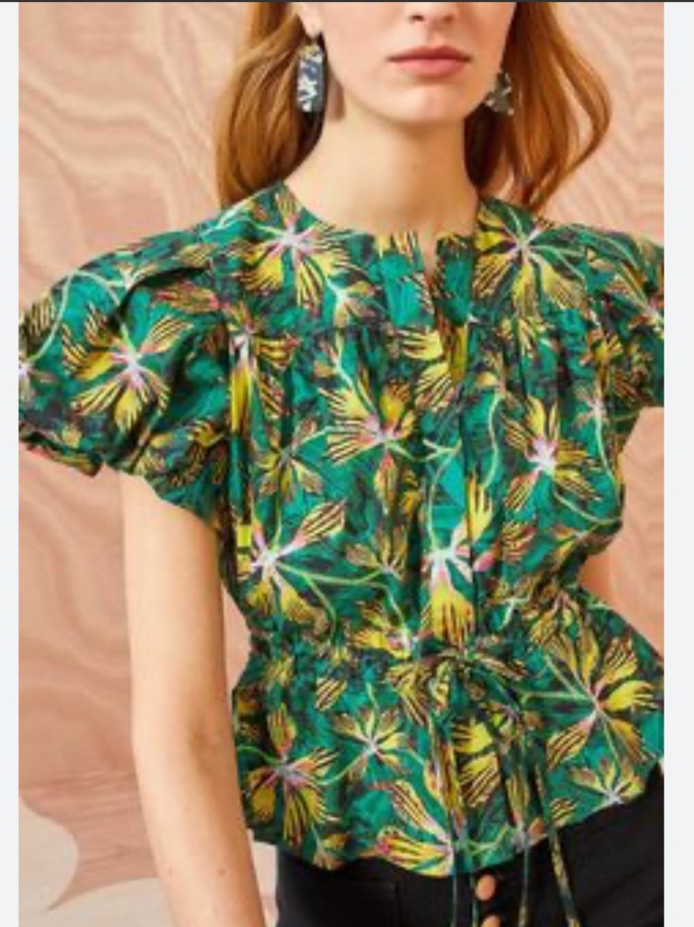 Ulla Johnson Green Tropical Drawstring Peplum Blouse